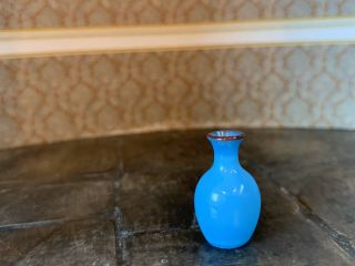 Vintage Miniature Dollhouse Artisan Blue Opaline Glass Vase Copper - Red Trim 1:12