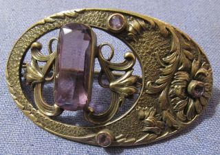 Antique 1890s Art Nouveau Sash Brooch Pin Fancy Floral With Purple Stones