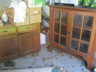Vintage 1950s Glass Front Farm Hutch China Cabinet