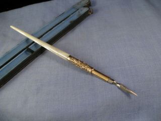 Antique Victorian Gold Filled Mother Of Pearl Dip Pen & Nib In Jewellers Box