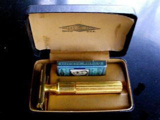Antique Vintage Gillette Gold Tech 3 - Piece Razor With Case Tone W/ Razors