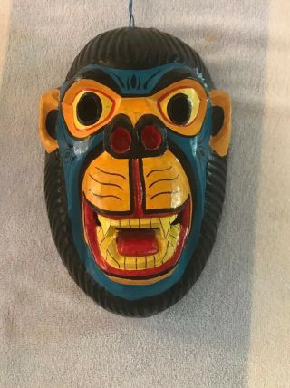 Rare Ecuadorian Hand Carved & Painted 11” Wood Mask Blue Gorilla