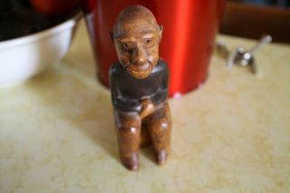 Antique Vintage Wood Carved Statue Figurine Bald Man Sitting On A Pot.