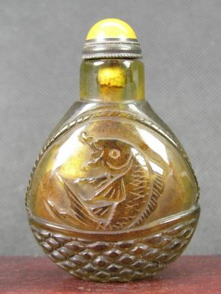 Chinese Fish On Basket Carved Olive Peking Glass Snuff Bottle