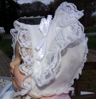 Vintage Bonnet For Large Composition Doll Or Baby Lace White Ribbon