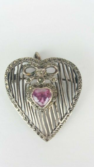 925 Silver Estate Antique Vtg Pendant Brooch/necklace Charm Pin Heart Shape Pink