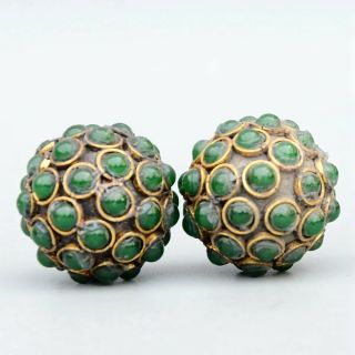 Collectable China Old Bronze Inlay Agate Hand - Carved A Pair Ball Delicate Statue
