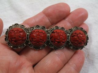 Antique Signed China Chinese Export Carved Cinnabar Bar Pin - 3 " Long Brooch - Bd