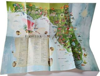 Vintage Florida Poster Map By Al Kocab Pre - Disney World 24 X 30 Fishing 1960 