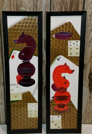 2 Rare Mid - Century Game Room Framed Cubist Porcelain Art Wall Tiles Chess Dice