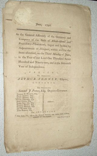 Rare 1792 Rhode Island Acts And Resolves Of General Assembly