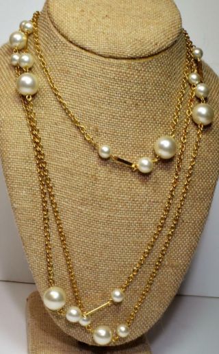 Vintage Goldtone Faux Pearls Chain 52 " Necklace 2