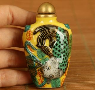 Old Porcelain Hand Painting Fish Propitious Statue Snuff Bottle Gift