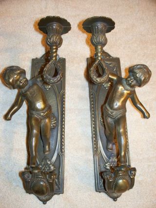Vintage Italian Brass Cherub Putti Torch Wall Sconces Candle Holders