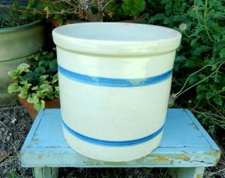 Antique Stoneware Gallon Size Crock Blue Stripes Primitive Kitchen 8 "