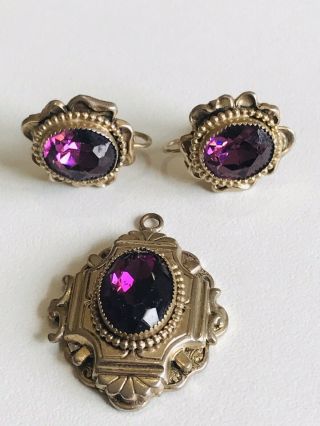 Antique Art Deco Sterling Silver Plated And Amethyst Paste Earrings Pendant Set