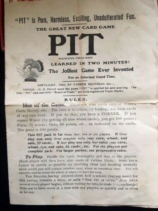 Antique Card Game PIT Parker Bros.  Box Cards Instructions 1903 Edition 3