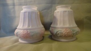Pair Antique Glass Lamp Shade 2 - 1/4 " Fitter Frosted Embossed Reverse Painted