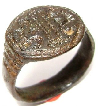 Ancient Rare Medieval Bronze Finger Ring Seal With Horses