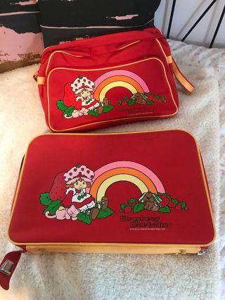 Vintage Strawberry Shortcake Messenger Bag And Luggage Case Red Rainbow 2 Piece