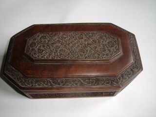 Antique Arts And Crafts Hand Carved Oak Jewellery Box.