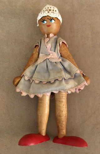 Vintage Handmade Wooden Doll Girl Carved Painted Dressed Female Clothes Pin