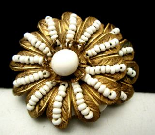 Rare Vintage 2 - 1/4 " Signed Miriam Haskell Goldtone Milk Glass Brooch Pin A3