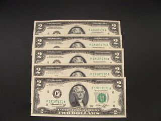 1976 Uncirculated Two Dollar Bill Crisp $2 Sequential 5 Note Rare
