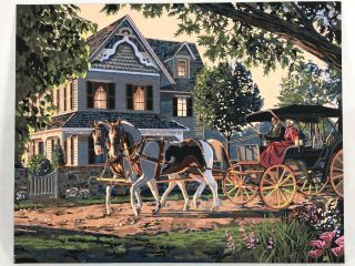 Vintage Paint By Number Pbn Horses And Carriage Victorian House 20 " X 16 "