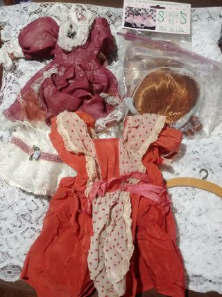 Vintage Doll Accessories For Reborn 2 Dresses 2 Wigs And Wood Hanger