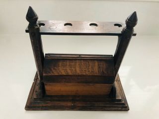 Lovely Old Antique Wooden Tobacco Pipe 4 Hole Rack Stand & Storage Compartment