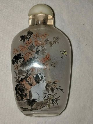 Chinese Cat Kitten Inside Reverse Hand Painted 3 1/4 " Glass Snuff Bottle