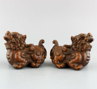 Collect Handwork Old Boxwood Hand - Carved A Pair Exorcism Bring Luck Kylin Statue