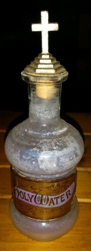 Vintage Antique Glass Holy Water Bottle Cross Cap W/ Cork Stopper Cloudy Insides