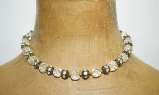 Antique Hand Cut Glass Crystal Beads White Rhinestone Gold Tone Choker Necklace