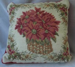 Vintage Wool Needlepoint Pillow Christmas Poinsettia 14 " X 14 "