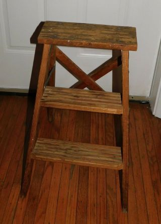 Vintage Rustic Wood Wooden 2 Step Folding Ladder For Use Or Displays