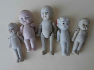 5 Small German & Japan All Bisque Jointed Dolls 3 1/2 "