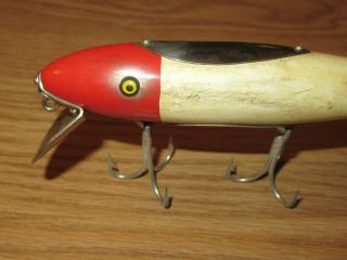 Vintage Pflueger Mustang Minnow Antique Fishing Lure Red Head White Wood 2