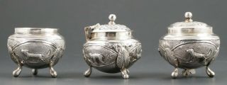 3 Vintage Burmese Silver Repose Footed Condiment Jars Or Containers