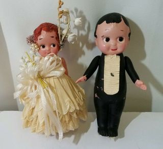 Antique 5 " Celluloid Kewpie Bride And Groom,  Crepe Paper Dress,