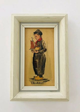 Holland Antique Vintage Miniature Painting Dutch Boy Signed & Framed 4”