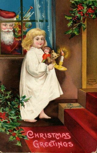 Antique Vintage Christmas Postcard Santa Looking In The Window Girl W/candle
