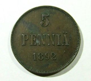 Finland Under Czarist Russia 5 Pennia 1892 Rare Coin