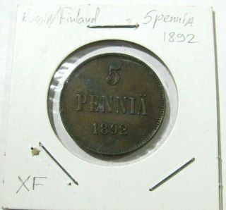 FINLAND UNDER CZARIST RUSSIA 5 PENNIA 1892 RARE COIN 3