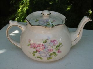 Vintage Antique Teapot Blue Pink Flowers Gold Trim England