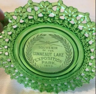 Antique 1899 Conneaut Lake Exposition Park Green Glass Souvenir Plate 5 "