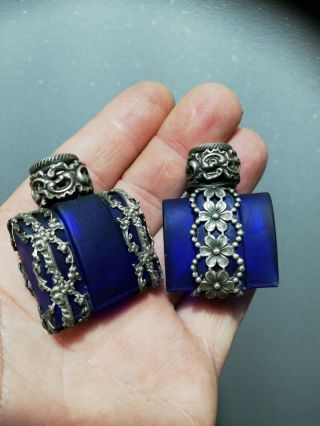 Miniature Silver And Blue Glass Scent Bottles