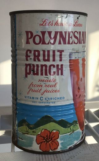 1950’s Vintage Tin Litho Juice Can Polynesian Fruit Punch Tiki Bar Hawaiian Rare