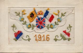Rare: 1916: Allied Flags: Ww1 Patriotic Embroidered Silk Postcard